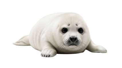 Cute white baby seal pup lying down isolated PNG with Transparent Background