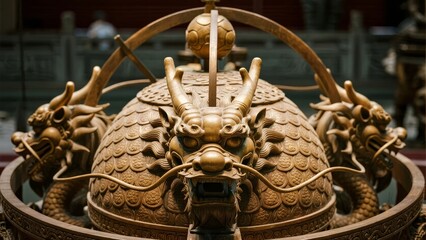 Golden ornamental dragon sculpture with intricate scales and coiled serpentine forms on a circular base