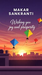 Makar sankranti celebration with kites and sunset