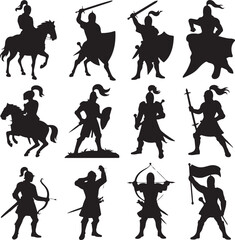 Medieval warriors and knights in various battle poses and actions on white