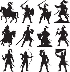 Obraz premium Medieval warriors and knights in various poses with swords and shields