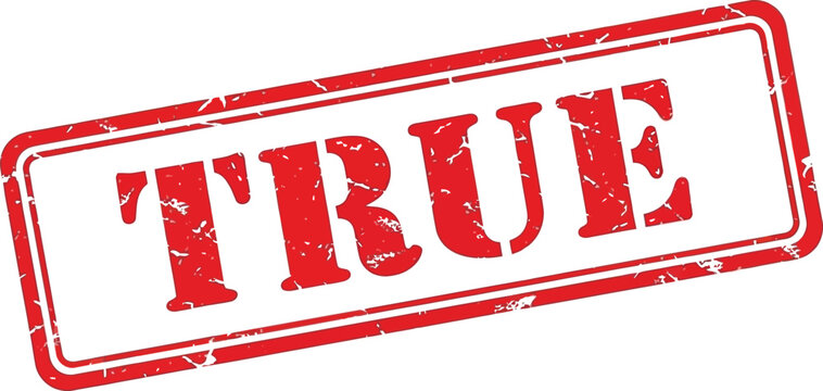 A vibrant red rectangular stamp boldly displaying the word true in a distressed textured font style