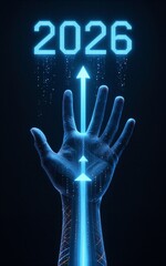 Hand reaches for glowing "2026" arrow, digital future light trails ascend.