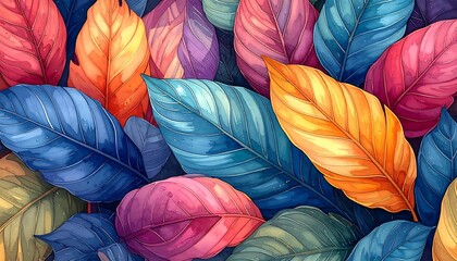 Vibrant leaves in a colorful array fill the frame. Lush, overlapping foliage provides a rich texture and evokes a lively, summery aesthetic