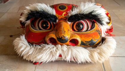 Traditional Chinese Lion Dance Mask on Wooden Surface.