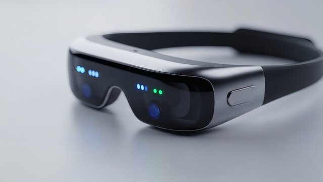 Futuristic augmented reality glasses displaying glowing digital interface with sleek modern design. - Powered by Adobe