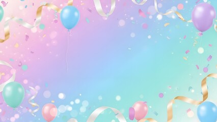Soft Gradient Background with Colorful Balloons, Ribbons, and Confetti