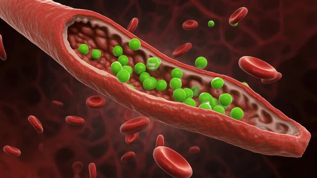 3D animation of nitric oxide molecules facilitating vasodilation within a blood vessel