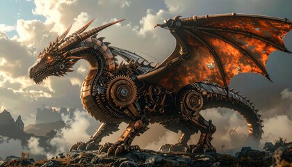 Majestic Steampunk Dragon with Fiery Wings and Intricate Mechanical Details.