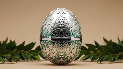 Ornate Fabergé-style egg with intricate floral silver filigree and green enamel