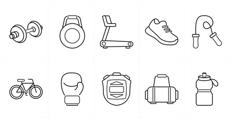 A set of 10 mix icons as dumbell, kettlebell, treadmill