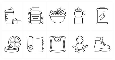 A set of 10 mix icons as protein shake, vitamin, salad bowl