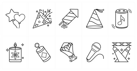 A set of 10 mix icons as balloon, confetti, fireworks