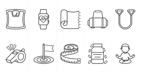A set of 10 mix icons as weighing machine, fitness tracker, yoga mat