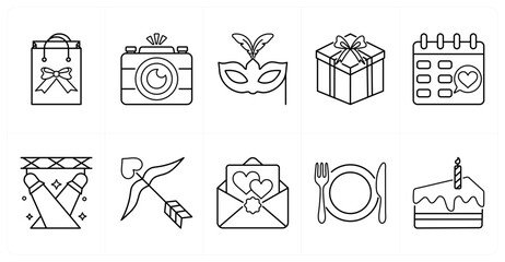 A set of 10 mix icons as gift bag, photo camera, carnival mask