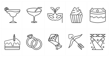 A set of 10 mix icons as champagne glass, carnival mask, cupcake