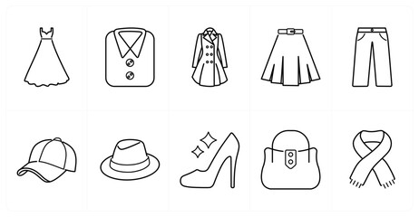 A set of 10 mix icons as dress, t shirt, lady coat