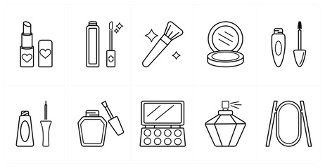 A set of 10 mix icons as lipstick, lip gloss, makeup brush