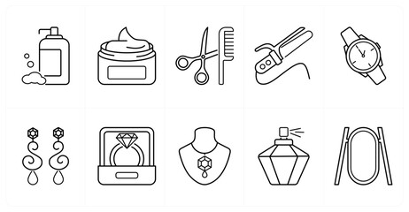 A set of 10 mix icons as shampoo bottle, cream, scissors