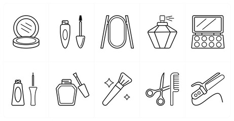 A set of 10 mix icons as compact powder, mascara, makeup mirror