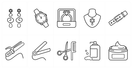 A set of 10 mix icons as earings, watch, ring