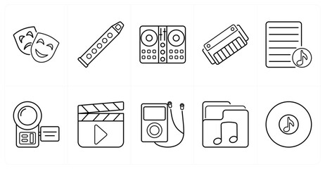 A set of 10 mix icons as theatre mask, flute, dj console