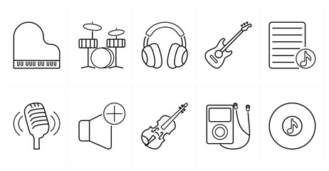 A set of 10 mix icons as piano, drum set, headphones