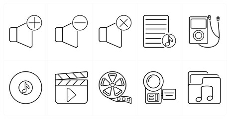 A set of 10 mix icons as volume up, volume down, mute