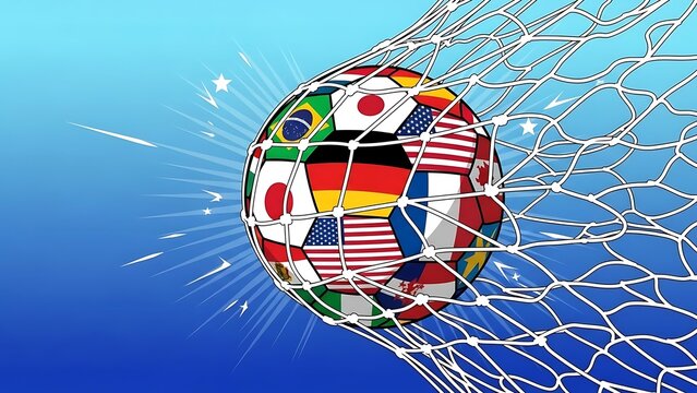 Dynamic illustration of a soccer ball with national flags hitting the goal net, stylized comic book effect on blue background.