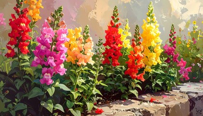 Vibrant snapdragons in various hues, showcasing their vertical blooms against a soft, painterly background