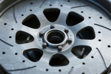 Close-up view of a metallic wheel hub with bolted center and triangular cutouts