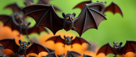 Close-up of a spooky Halloween bat set, featuring miniature bats in various poses, resin, miniature