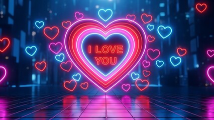 Neon heart lights with i love you message in a dark room with colorful ambiance and glowing hearts around