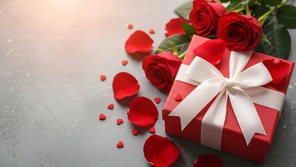 Romantic valentine's day wallpaper with red roses and gift box