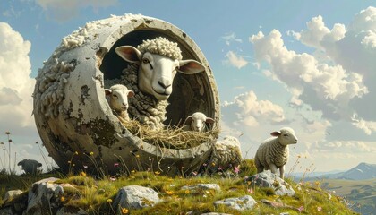 Whimsical Scene of Sheep Emerging from a Giant Cracked Egg on a Grassy Hillside Under a Cloudy Sky.