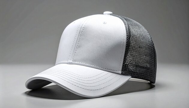 Minimal studio product shot of a modern white and gray trucker baseball cap with mesh back on a neutral background, clean lighting highlighting shape, texture, and casual fashion style.