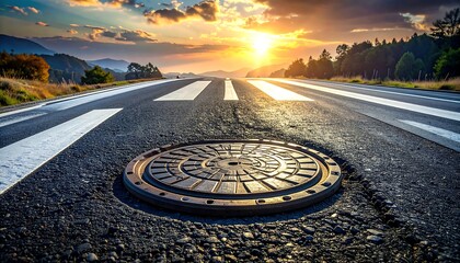 View along a road marked with painted lines, leading towards a sunset, featuring a manhole cover in the foreground