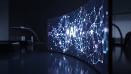 Futuristic curved screen displays glowing AI network with digital connections