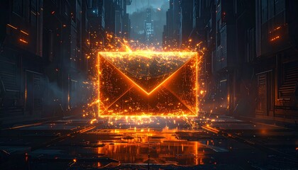 Futuristic glowing email envelope icon in neon orange light within a dark digital corridor, symbolizing secure communication, messaging technology, data exchange, and modern connectivity.
