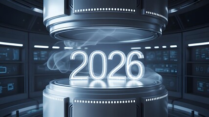 Futuristic 2026 New Year Neon Sign in Sci-fi Lab – Glowing 3D Number, High Tech Digital Countdown, Cinematic Blue Lighting, Modern Innovation Concept & Electronic Cyberpunk Style Christmas Background
