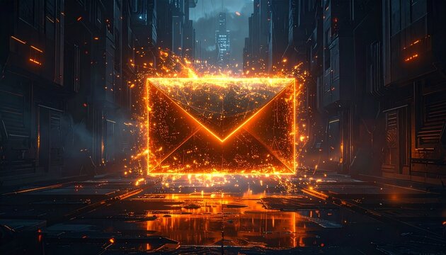 Futuristic glowing email envelope icon in neon orange light within a dark digital corridor, symbolizing secure communication, messaging technology, data exchange, and modern connectivity. - Powered by Adobe