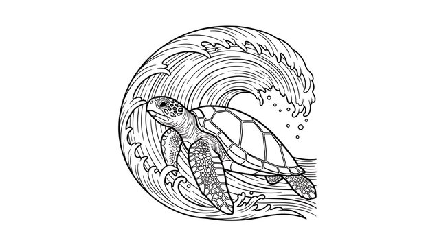 Sea turtle riding a wave illustration
