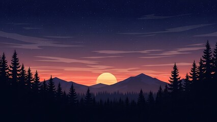 Sunset over mountains with pine trees.