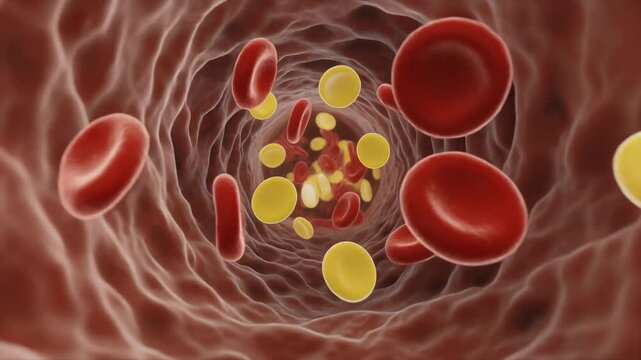 Microscopic View of Bloodstream Journey with Red Blood Cells and Platelets