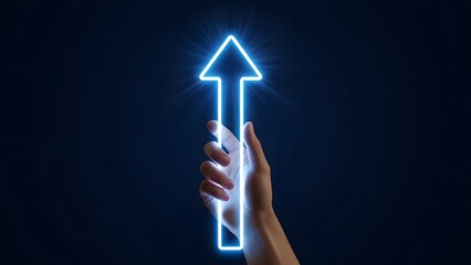 A glowing blue arrow emanating from a hand represents growth progress and technological advancement high quality