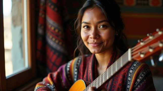 Mujer boliviana tocando charango tradicional en casa