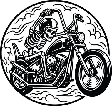 Skeleton Biker Riding Chopper Motorcycle in Circular Badge &ndash; Vintage Skull Rider, Black and White Vector Illustration