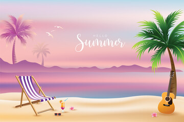 Hello summer beach illustration with palm trees, deck chair, guitar and cocktail at sunset. Tropical seaside vacation background with calm sea and pastel sky.