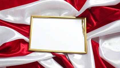 Elegant flat lay of a blank gold picture frame centered on flowing red and white satin fabric, luxurious folds and soft lighting creating a refined, ceremonial, and premium presentation.