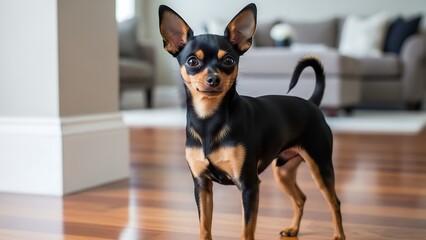 Small black and brown dog standing.